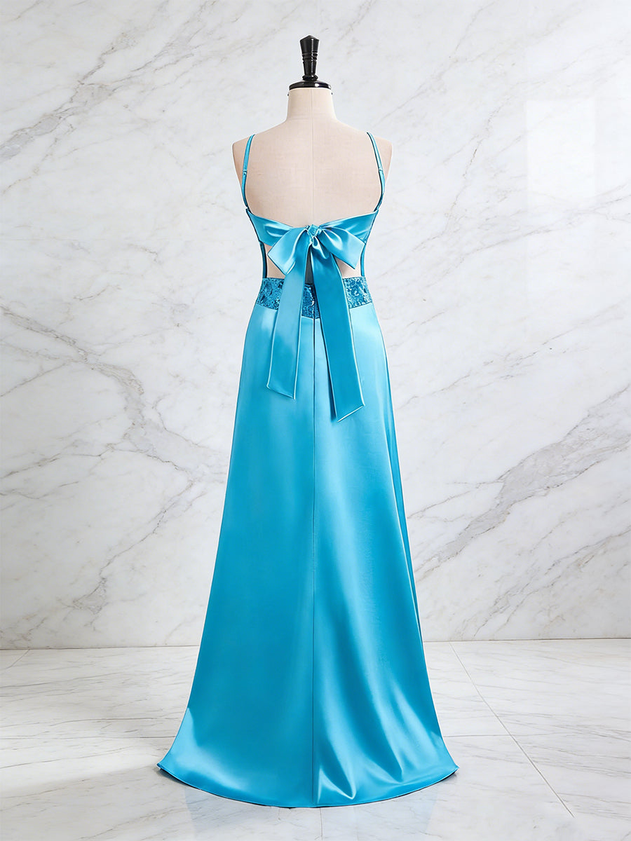 Vestido longo de baile azul cetim com corpete bordado e decote em V em A
