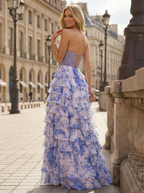 Blue Floral A-Line Sweetheart Ruffle Tiered Corset Prom Dress