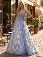 Blue Floral Baroque Lace A Line Long Corset Prom Dress