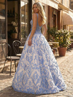Blue Floral A Line Baroque Lace Long Corset Prom Dress