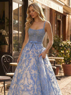 Blue Floral A Line Baroque Lace Long Corset Prom Dress