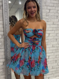 Robe courte de bal de promo ligne A fleurie froncée sans bretelles
