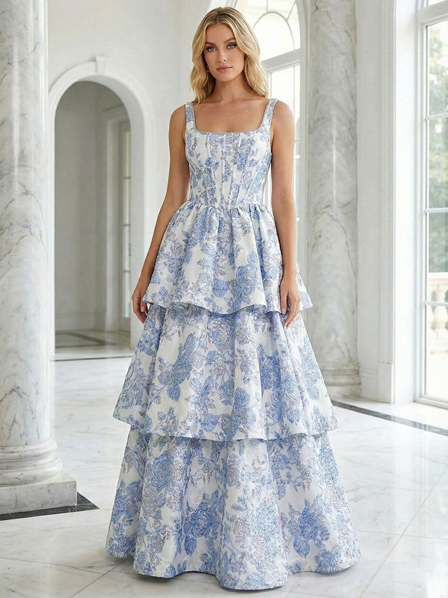 Blaues, florales Brokat-Korsett-Kleid mit Stufen, A-Linie, Abschlussballkleid