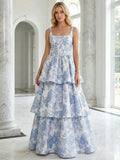 Blaues, florales Brokat-Korsett-Kleid mit Stufen, A-Linie, Abschlussballkleid