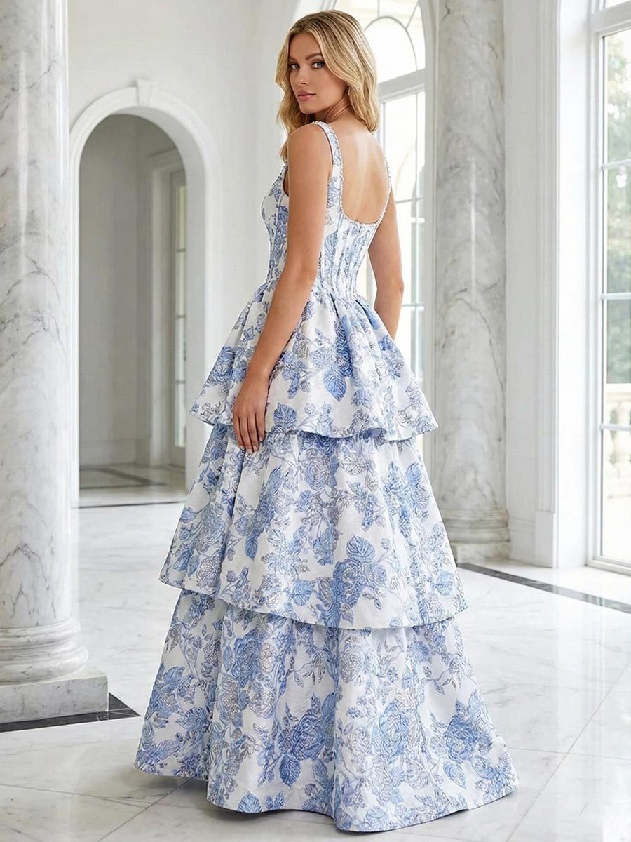 Blaues, florales Brokat-Korsett-Kleid mit Stufen, A-Linie, Abschlussballkleid