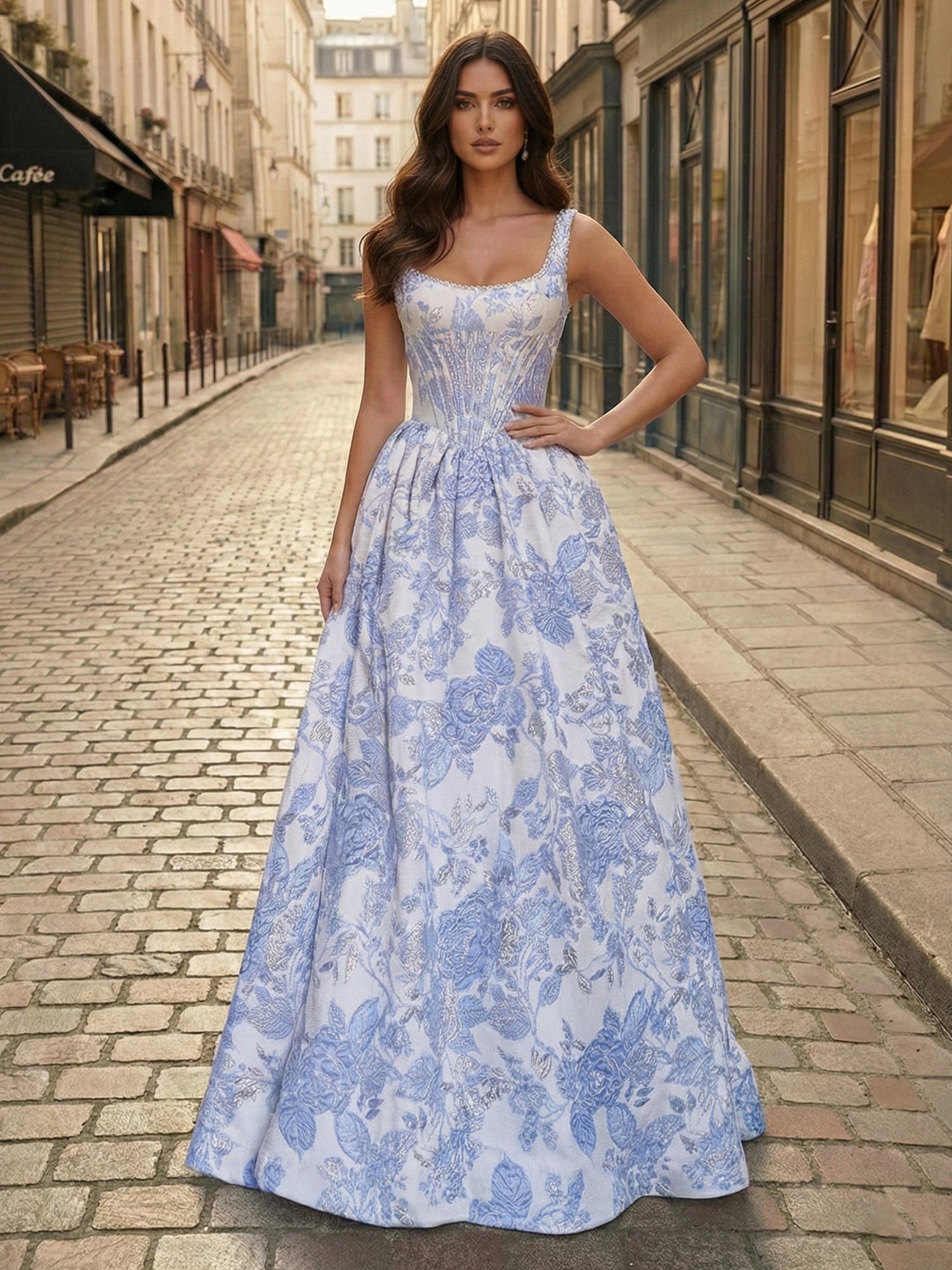 Blaues, florales Brokat-Ballkleid mit Perlen und Korsett