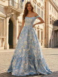 Blue Floral Jacquard Off-the-Shoulder Corset Prom Dress