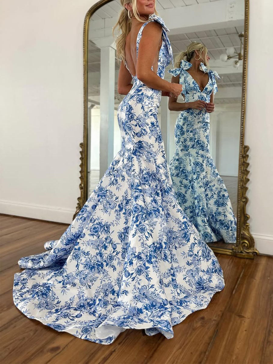 Blaues Blumen-Meerjungfrauen-Ballkleid mit V-Ausschnitt und Schleifen-Trägern zum Binden