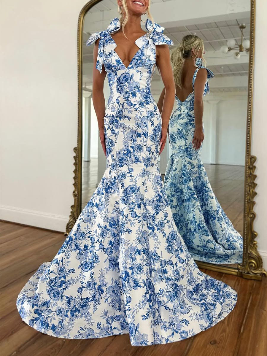Abito da sera sirena blu con stampa floreale, scollo a V e spalline con fiocco da annodare