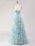 Blue Floral Print Strapless Corset Tiered A-Line Prom Dress