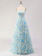 Blue Floral Print Strapless Corset Tiered A-Line Prom Dress