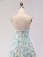 Blue Floral Print Strapless Corset Tiered A-Line Prom Dress