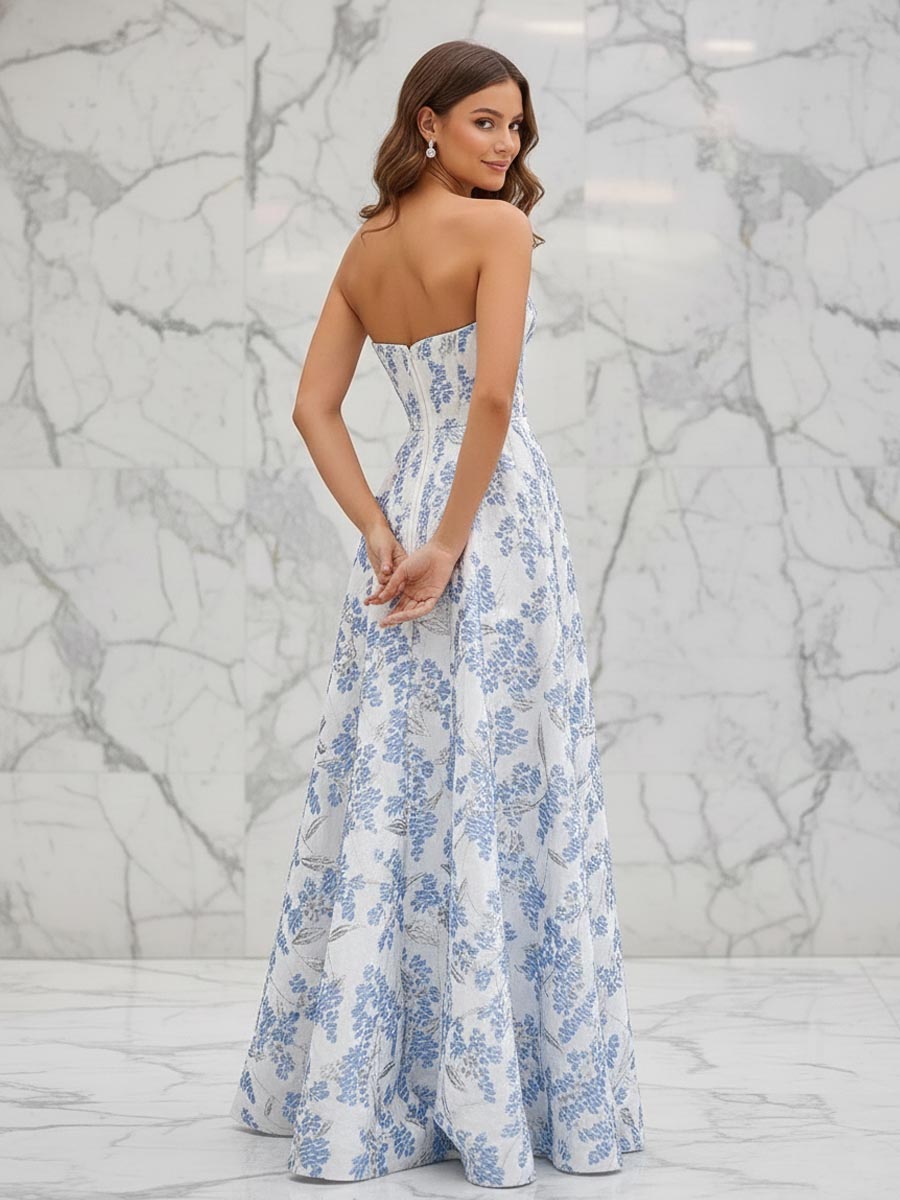 Blaues florales trägerloses Korsett Abschlussballkleid mit Schlitz