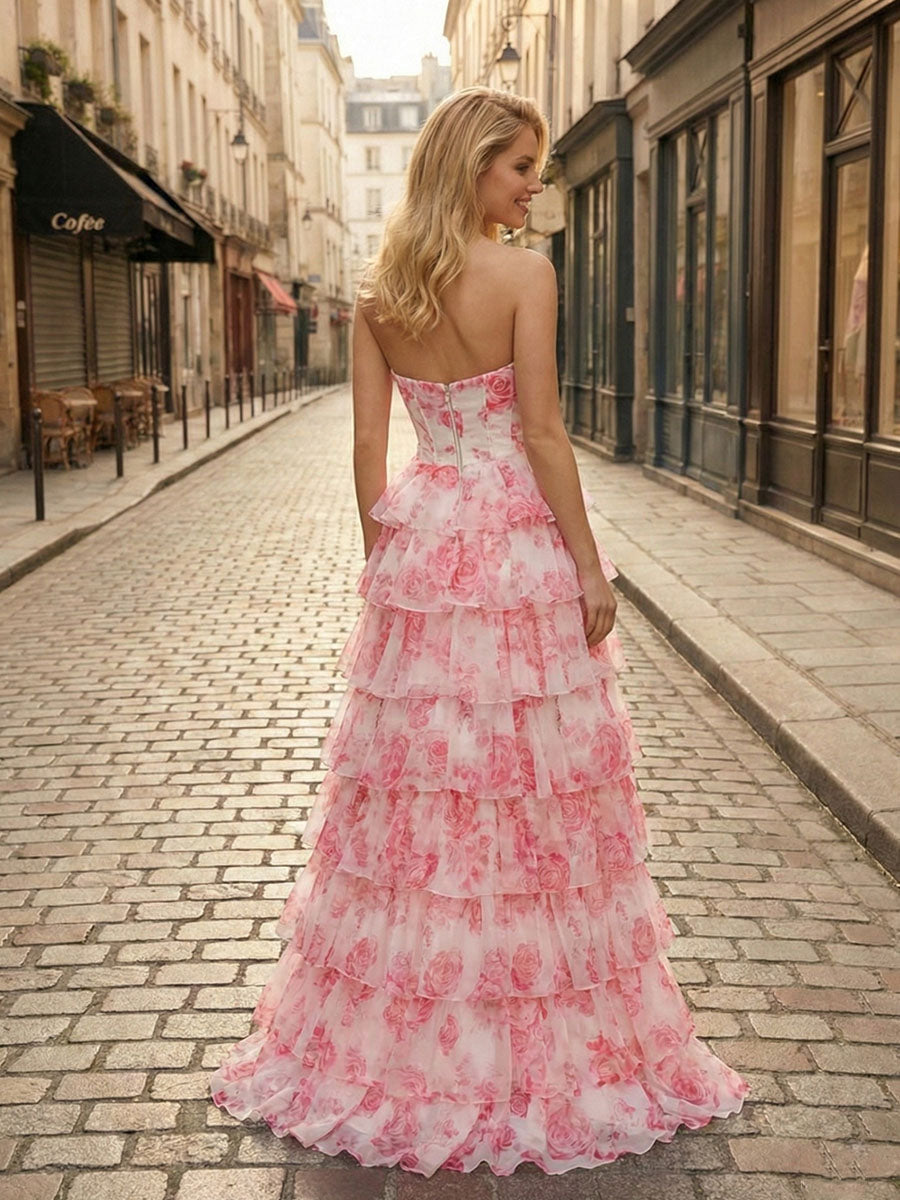 Blaues florales trägerloses, gestuftes Rüschen-Corsagen langes Prom-Kleid mit Schlitz