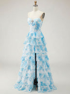 Abito da ballo con corpetto corsetto senza spalline a balze floreali blu con spacco