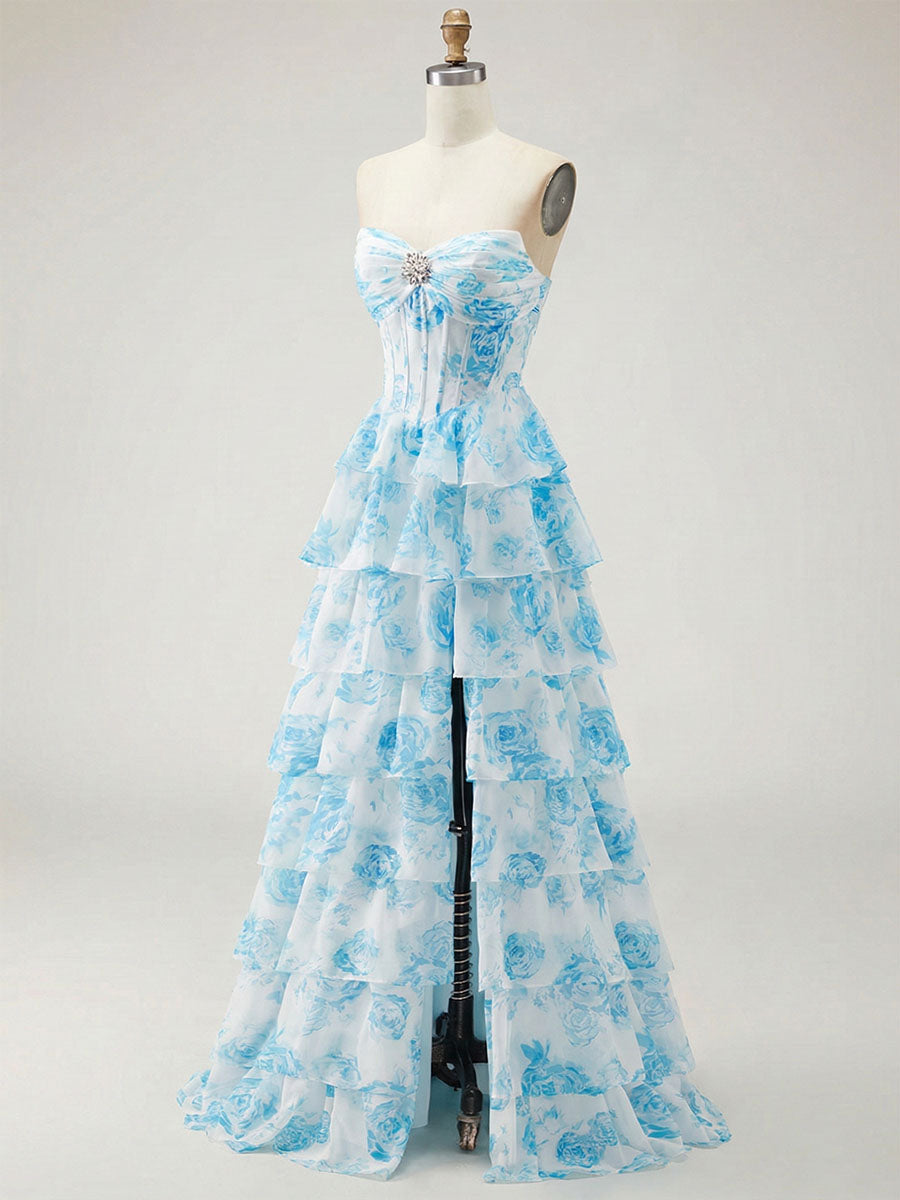 Abito da ballo con corpetto corsetto senza spalline a balze floreali blu con spacco