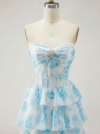 Abito da ballo con corpetto corsetto senza spalline a balze floreali blu con spacco
