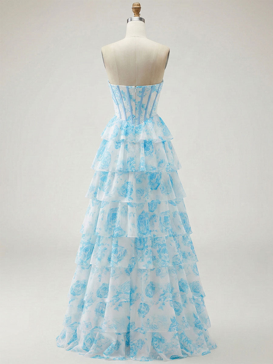 Blaues florales trägerloses, gestuftes Rüschen-Corsagen langes Prom-Kleid mit Schlitz