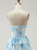 Abito da ballo con corpetto corsetto senza spalline a balze floreali blu con spacco