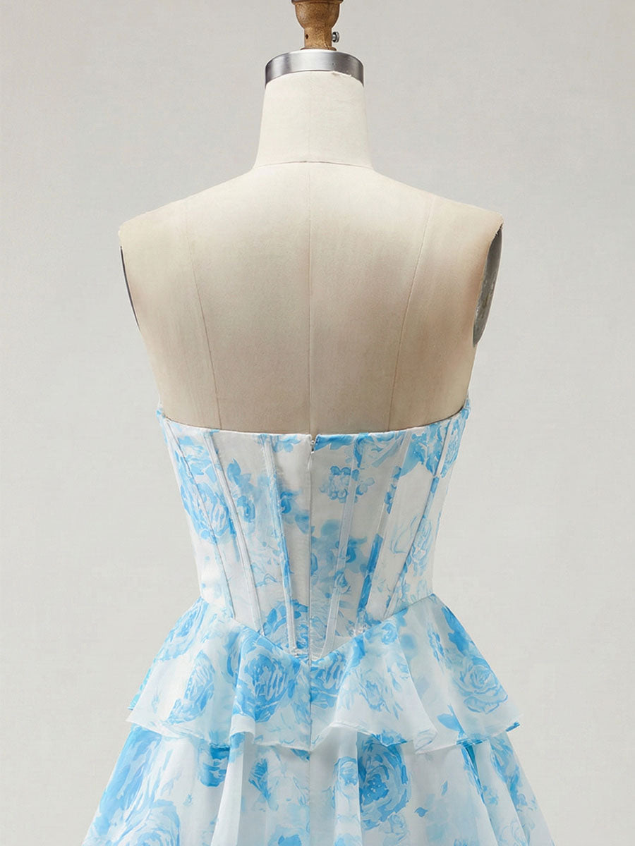 Abito da ballo con corpetto corsetto senza spalline a balze floreali blu con spacco