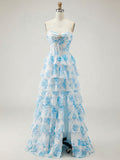 Abito da ballo con corpetto corsetto senza spalline a balze floreali blu con spacco