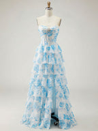 Abito da ballo con corpetto corsetto senza spalline a balze floreali blu con spacco