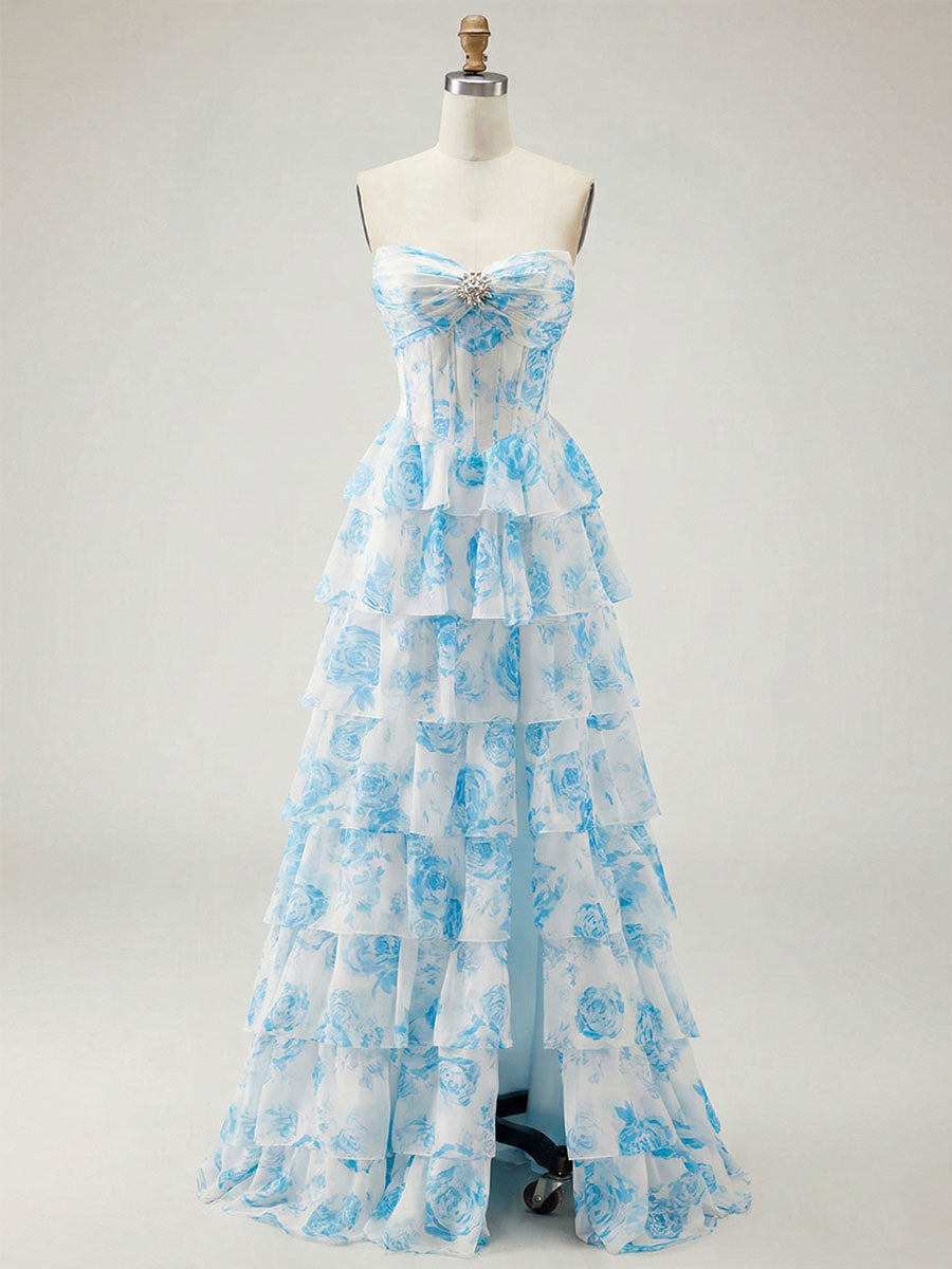 Abito da ballo con corpetto corsetto senza spalline a balze floreali blu con spacco