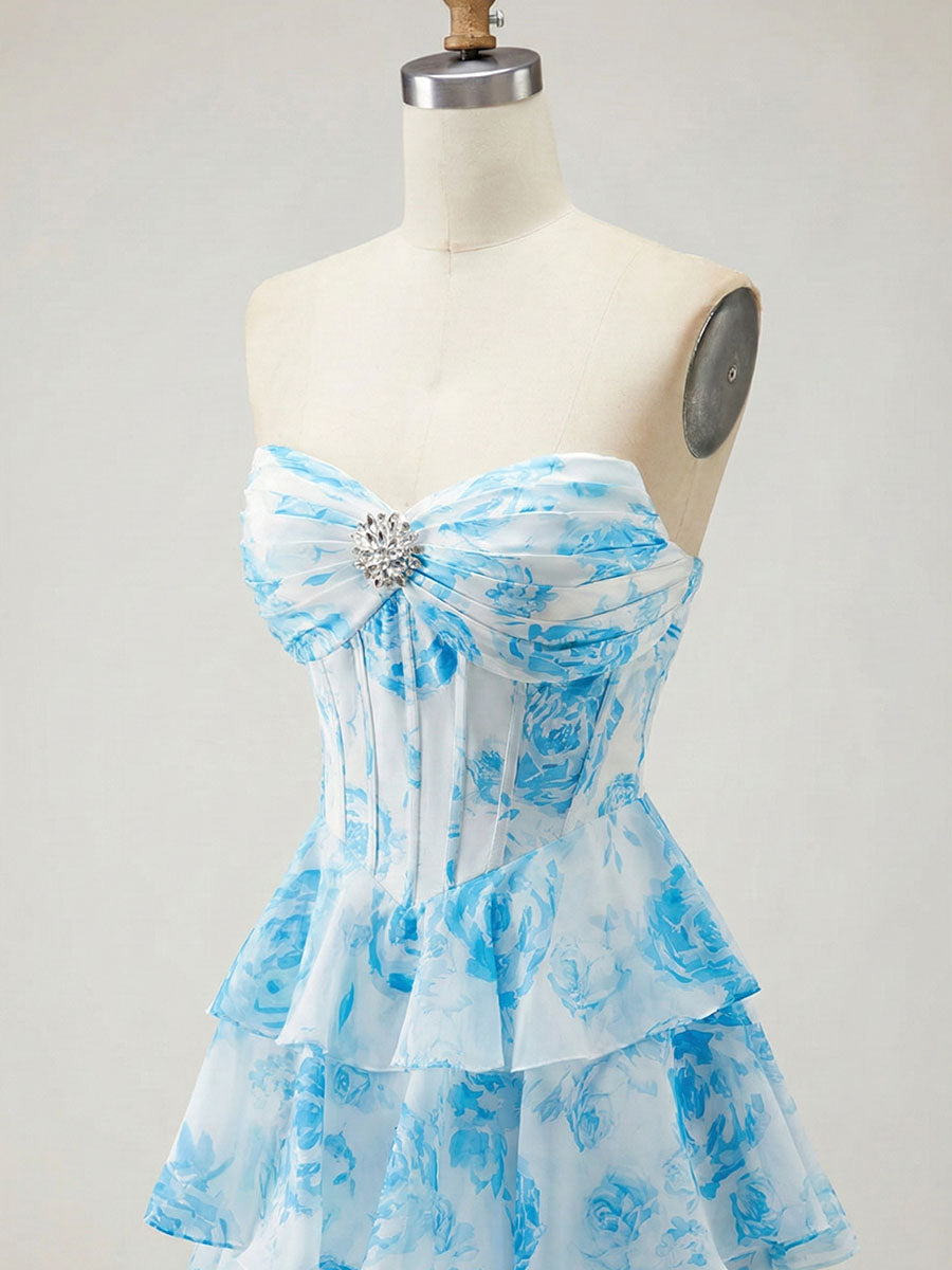 Abito da ballo con corpetto corsetto senza spalline a balze floreali blu con spacco