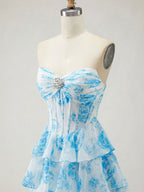 Abito da ballo con corpetto corsetto senza spalline a balze floreali blu con spacco