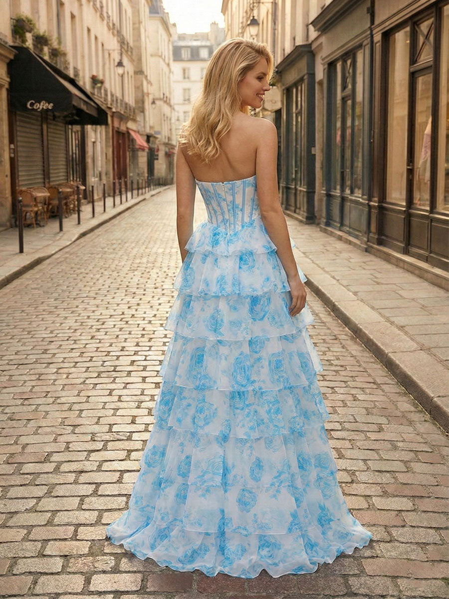 Abito da ballo con corpetto corsetto senza spalline a balze floreali blu con spacco