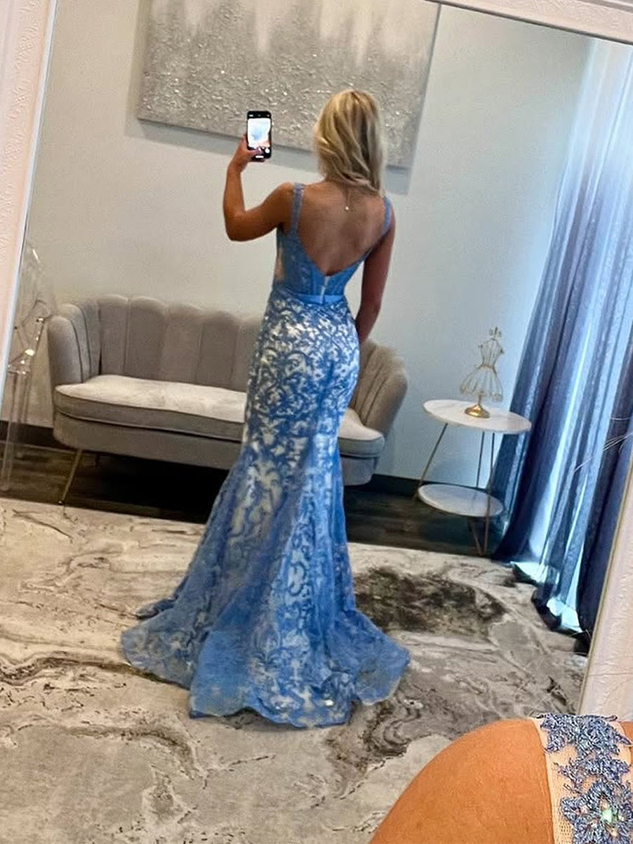 Vestido de fiesta azul floral con escote corazón y tirantes de espagueti tipo corsé