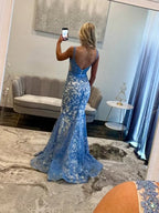Vestido de fiesta azul floral con escote corazón y tirantes de espagueti tipo corsé