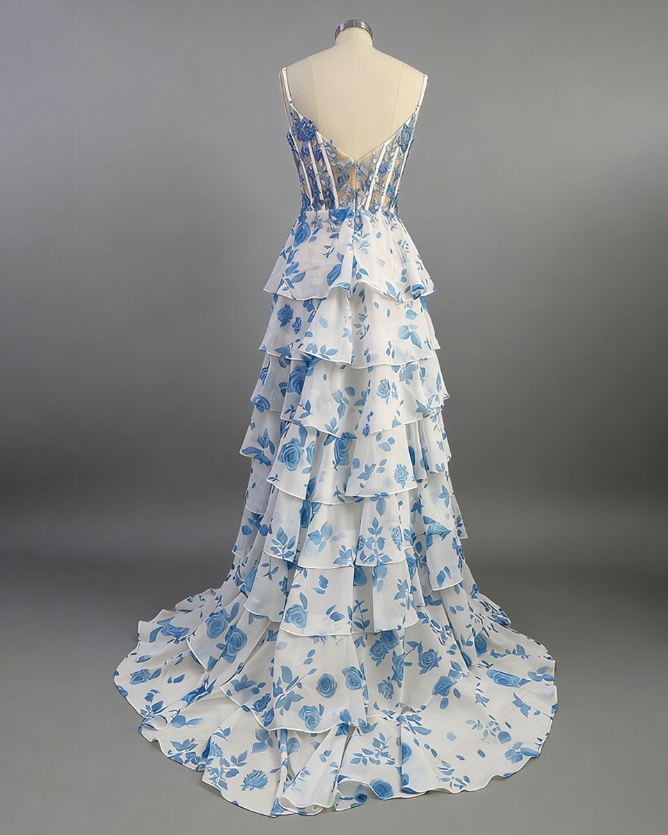 Blaues Blumenmuster gestuftes Rüschendetail Perlenbesetztes Korsett langes Ballkleid mit Schlitz