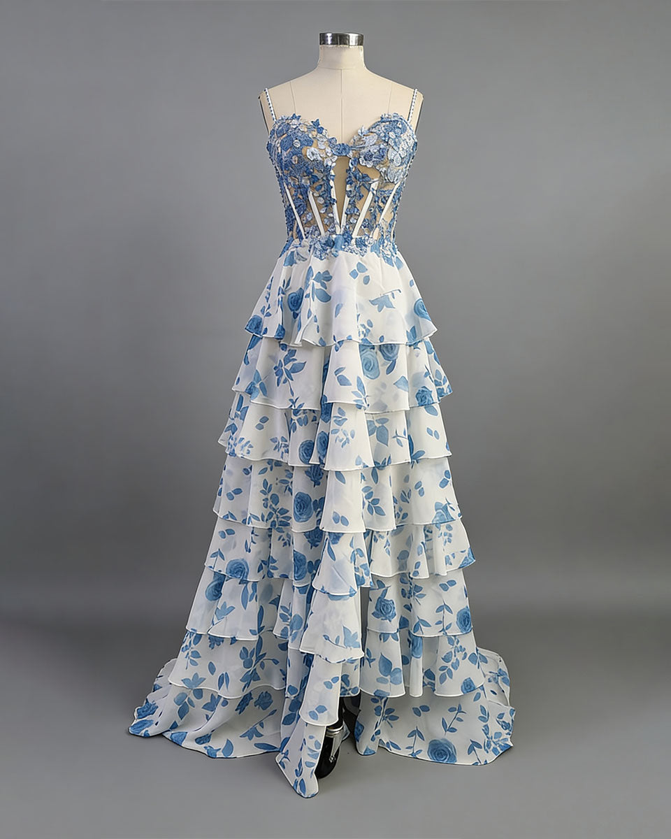 Blaues Blumenmuster gestuftes Rüschendetail Perlenbesetztes Korsett langes Ballkleid mit Schlitz