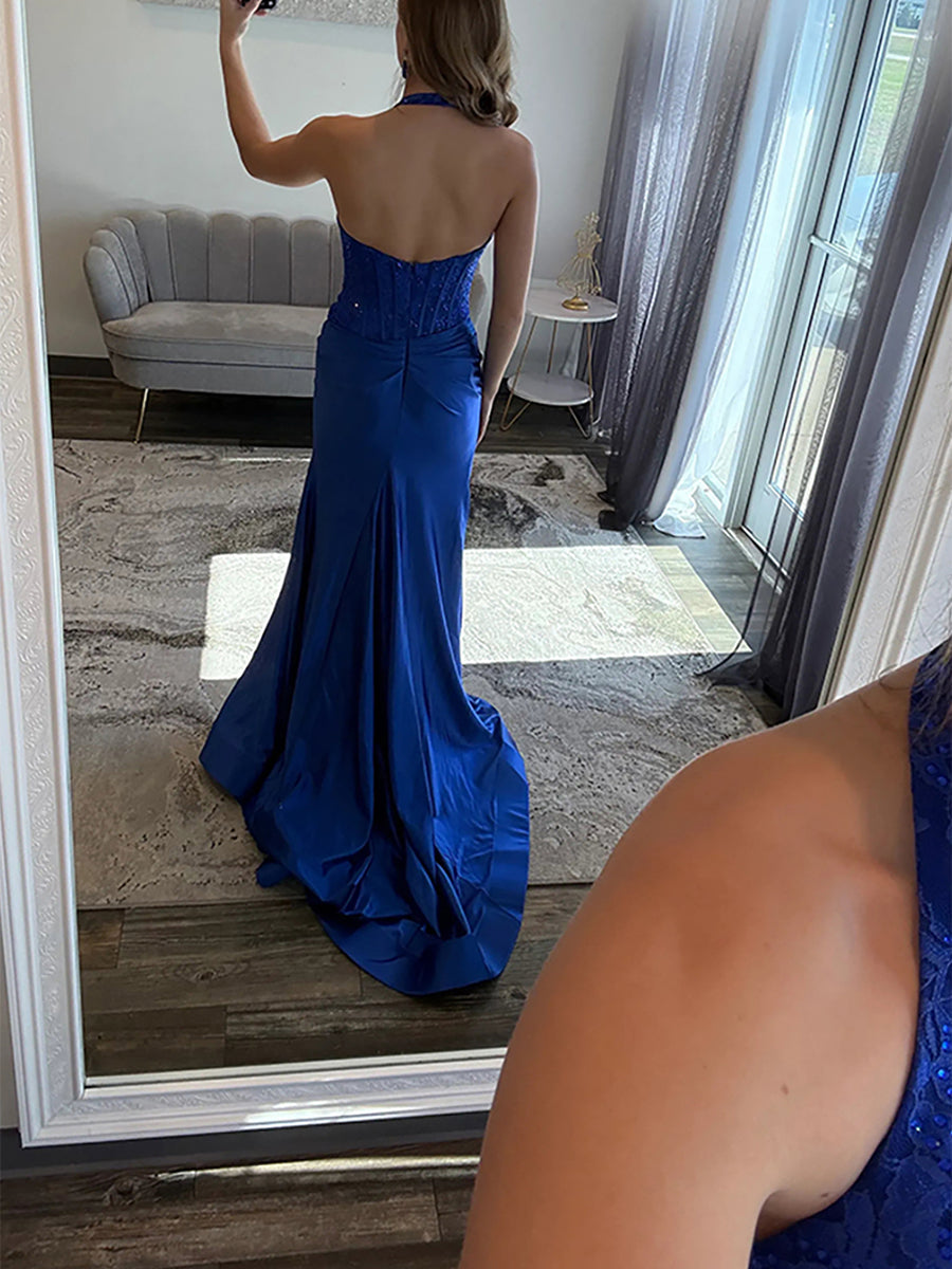 Blue Halter Neck High Slit Prom Dress with Lace Corset Bodice