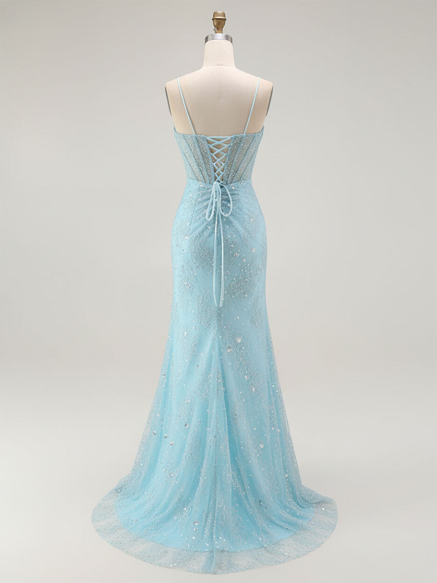 Vestido largo de fiesta sirena azul con tirantes de espagueti y cuentas con abertura