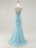 Vestido largo de fiesta sirena azul con tirantes de espagueti y cuentas con abertura