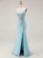Vestido largo de fiesta sirena azul con tirantes de espagueti y cuentas con abertura