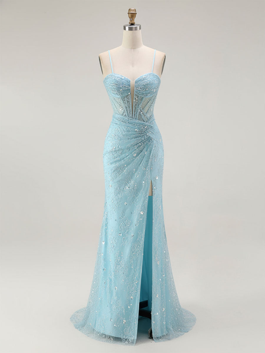 Vestido largo de fiesta sirena azul con tirantes de espagueti y cuentas con abertura
