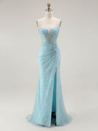Vestido largo de fiesta sirena azul con tirantes de espagueti y cuentas con abertura