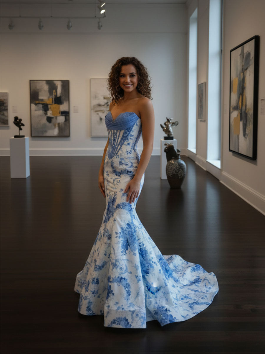 Robe de bal longue sirène bleue, bustier cœur sans bretelles à motif floral