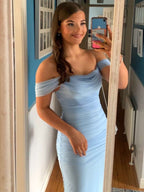Vestido largo formal de fiesta de graduación azul con pliegues y escote off the shoulder estilo sirena