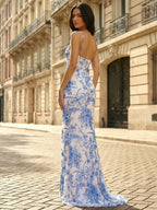 Blue Porcelain Floral Embroidered Corset Prom Dress with Slit