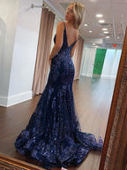 Robe longue de bal sirène bleu marine, corset bustier à col en V, paillettes