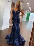 Robe longue de bal sirène bleu marine, corset bustier à col en V, paillettes