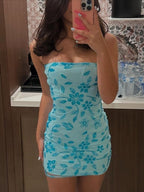Blaues trägerloses Bodycon kurzes Homecoming-Kleid mit Perlen und Blumenmuster