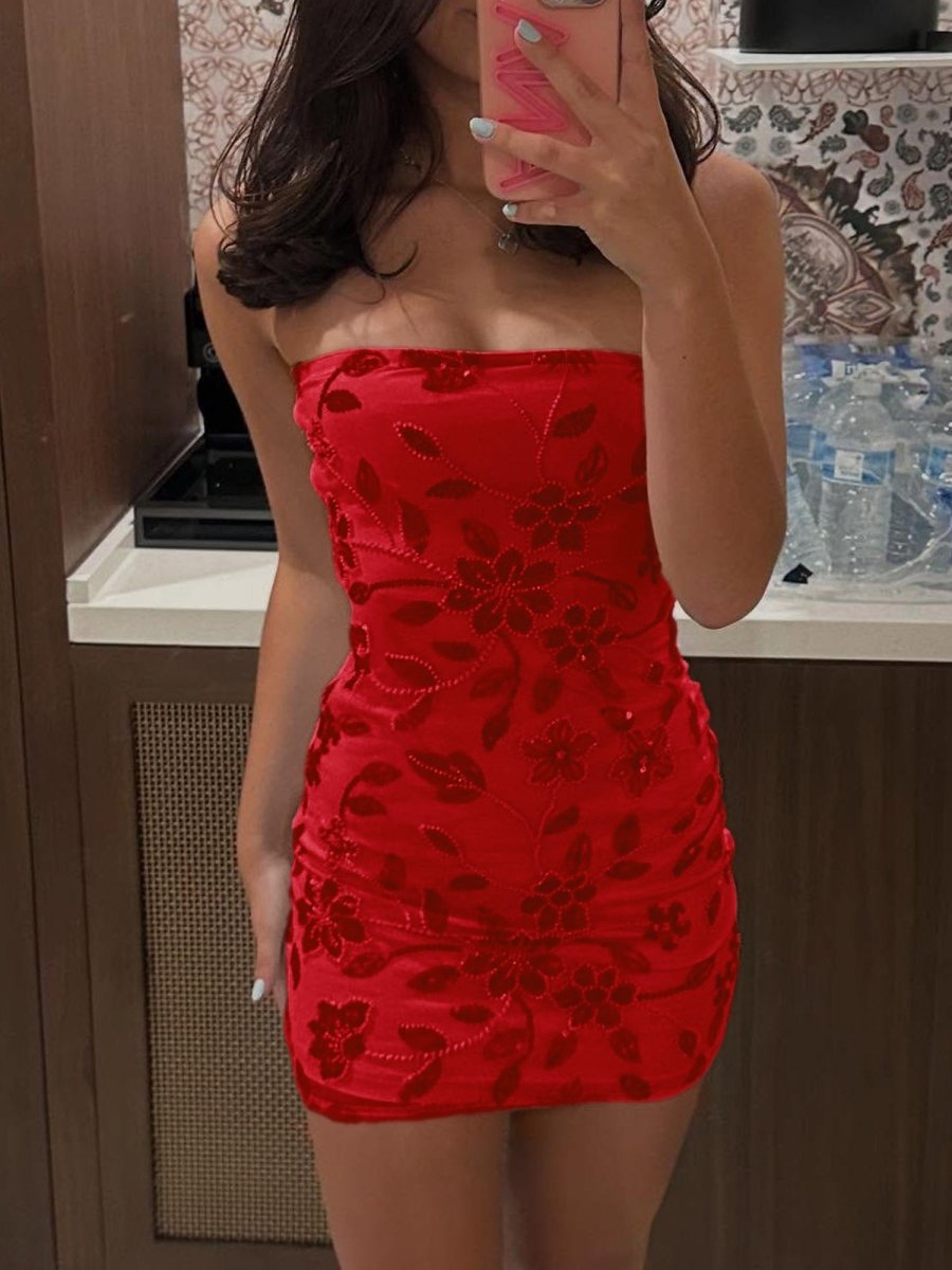 Blaues trägerloses Bodycon kurzes Homecoming-Kleid mit Perlen und Blumenmuster