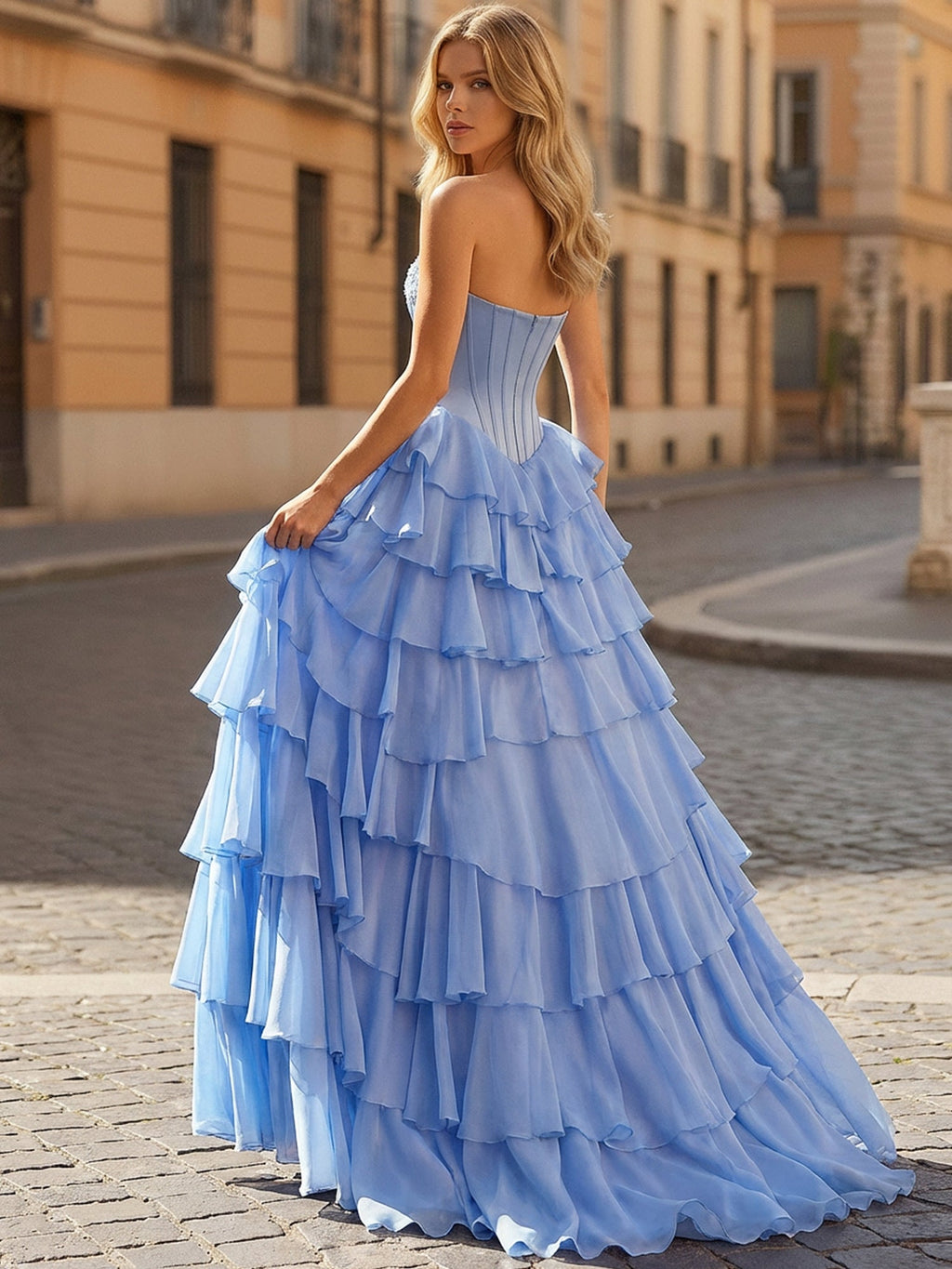 Robe de bal bustier bleue corset à volants superposés avec fente