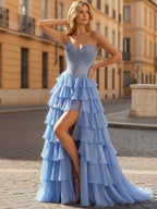 Robe de bal bustier bleue corset à volants superposés avec fente