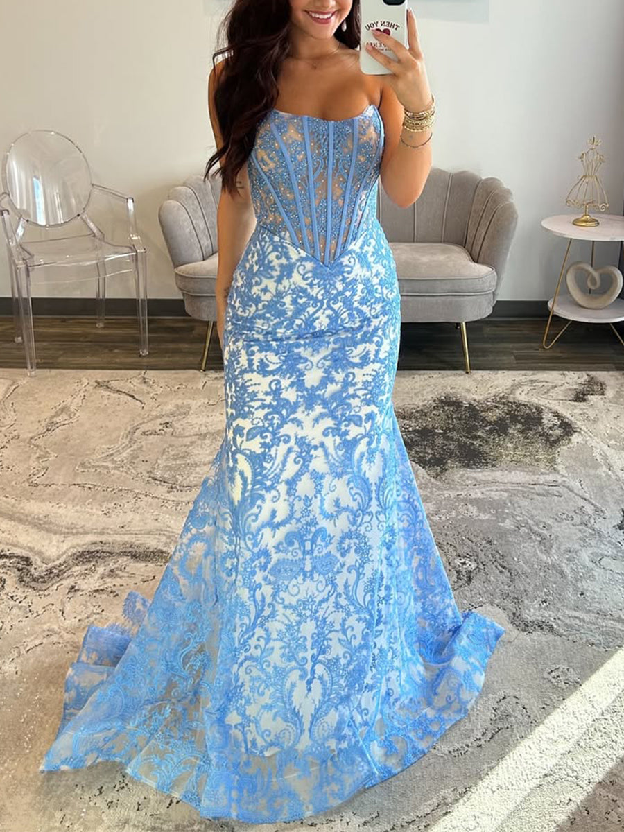 Blaues trägerloses Ballkleid mit Perlenbesatz, Korsett und Raffung, lang